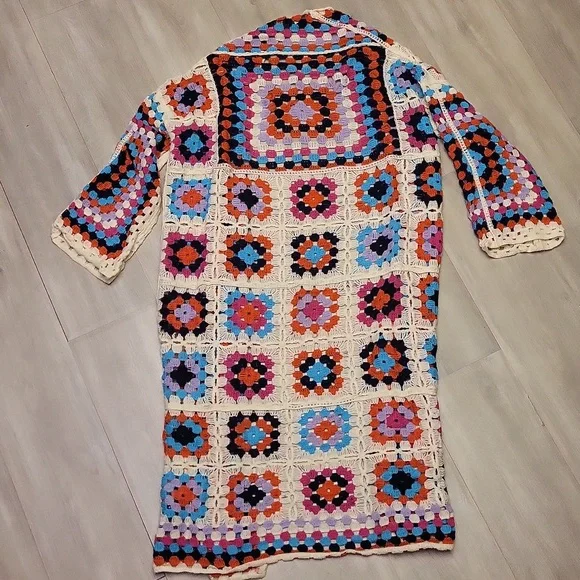 POL One Size Granny Square Duster Crochet Cardigan Knit Boho Colorful Open‎ NWOT - Picture 2 of 8